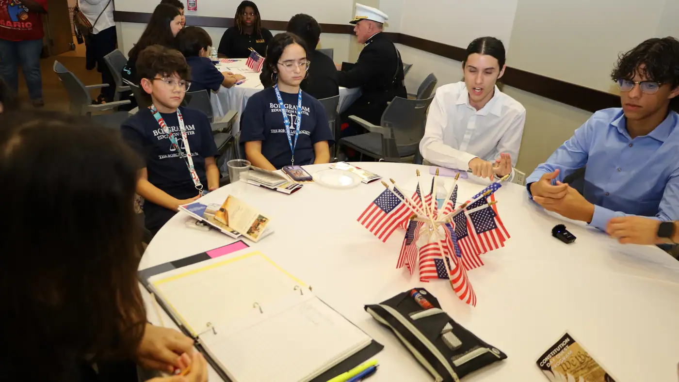 A constitutional challenge station, worked in teams.